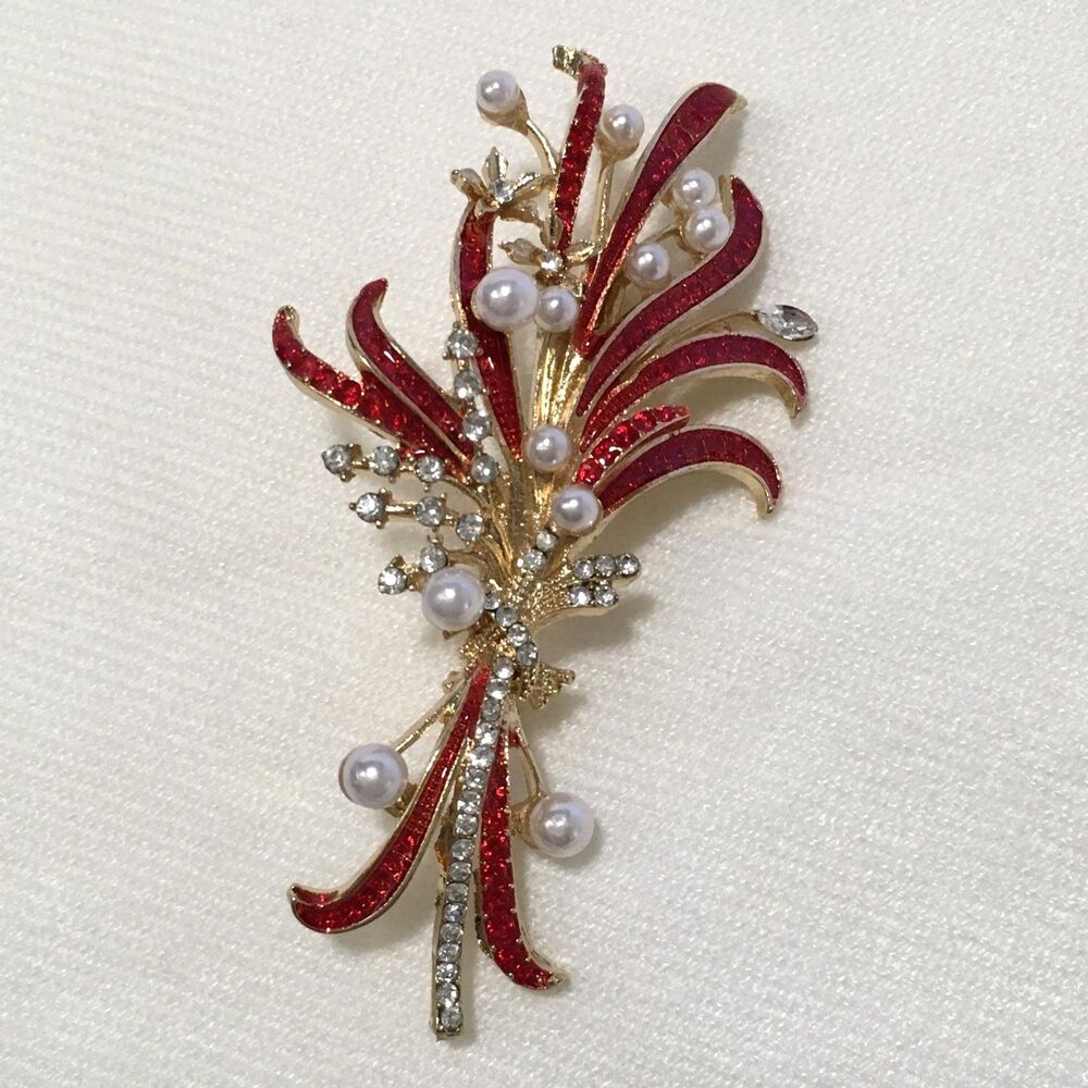 Christmas Red Floral Spray Brooch Feather Ribbon Pearl Rhinestones Gold Tone